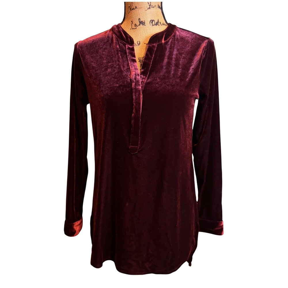 Cato Womens XS Burgundy Velvet Long Sleeve Split Neck Hidden Button Tunic Top